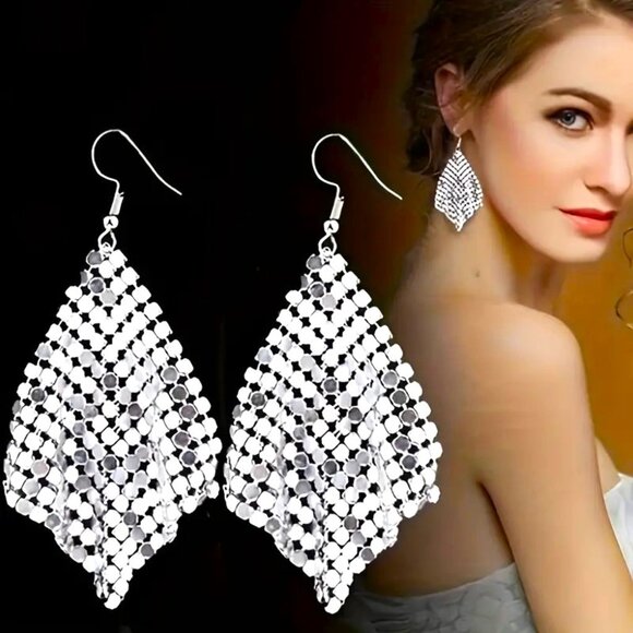 Mesh Sequin Tassel Earrings Glam Trendy Y2K Party Elegant Retro Disco New Years - Picture 1 of 2